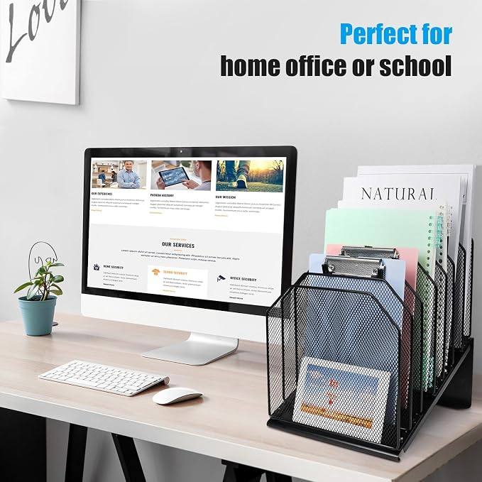 SUMMORO Inclined File Organizer for Desk, 7-Section Vertical File Folder Holder Office Desk Organizer Metal Rack File Wire Mesh Desktop Document Sorter for Office School Classroom Home (Black)