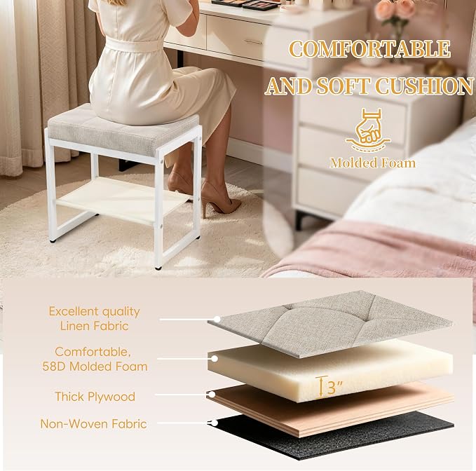 Vanity Stool, Vanity Chair Stools with a Lower Storage Shelf, Square Linen Upholstered Ottoman Bench for Bedroom, Living Room, Small Modern Metal Legs Makeup Chairs, Linen Beige&White