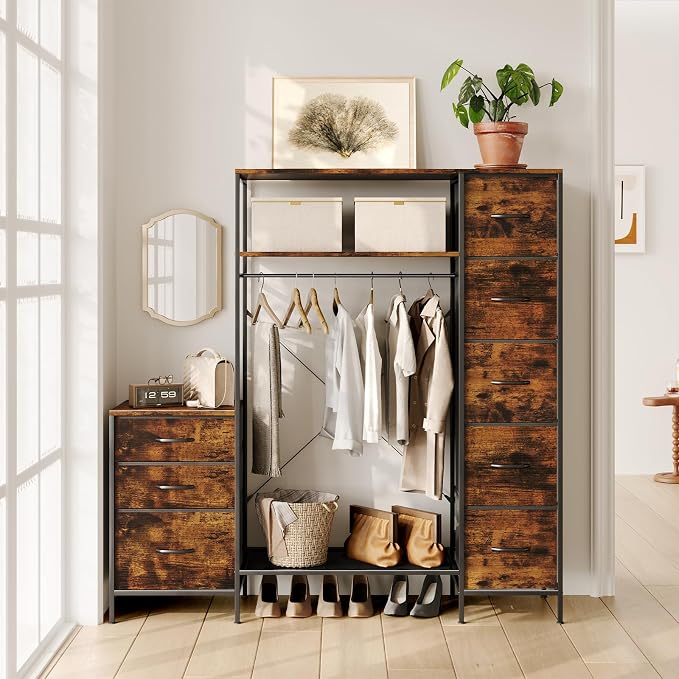 Clothes Rack with 8 Drawers, 4 Shelves & LED, 55" W×57" H Dresser with Hanging Rack, Portable Garment Rack, Freestanding Wardrobe Closet Organizer System for Bedroom, Small Space