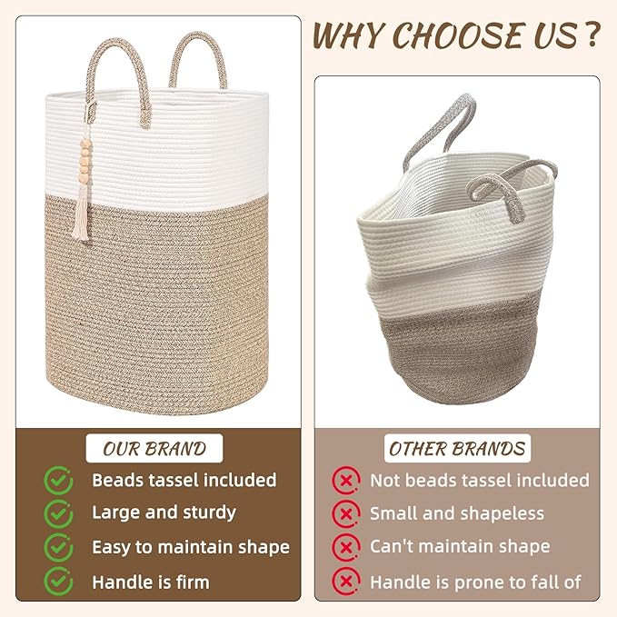 Woven Laundry Basket for Clothes, 50L Large Rectangle Laundry Hampers with Beads Tassel, Nursery Storage Basket for Toys, Tall Dirty Clothes Hamper for Bedroom Aesthetic, Laundry Room Organization