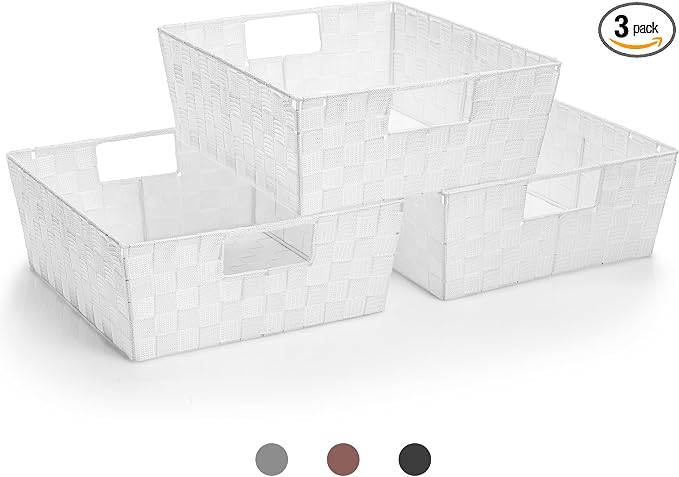 Sorbus Set of 3 Large Woven Storage Baskets – Mesh Hand-Woven Baskets for Organizing, Fabric Storage Bins for Linen Closet Organizer, Storage Baskets for Shelves and Home Organization (White)