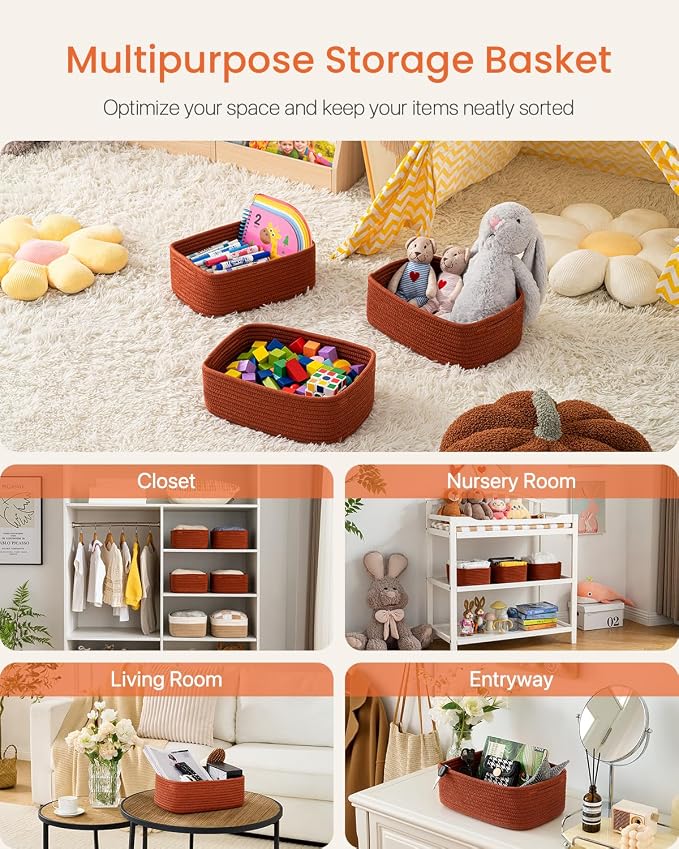 KALLAX Small Woven Storage Basket for Organizing, 12 x 8 x 4.5 inch, 3 Pack | Shelf baskets for closet organization, toy storage and home decor, Perfect as empty gift baskets for holidays, Rust Red