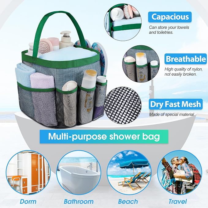 Mesh Shower Caddy Portable - 9 Pockets for College Dorm Room Essential | Large Capacity Mesh Shower Caddy with 9 Pockets, Portable Hanging Toiletry Bag for College Dorm, Gym, Camping and Beach