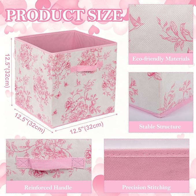 6 Pcs Pink Floral Cube Storage Bins 12.5 Inch Pink Flower Storage Basket with Handle, Preppy Girls Organizer Basket, Collapsible Fabric Box for Classroom Bedrooms Office Home Decoration (Flower)