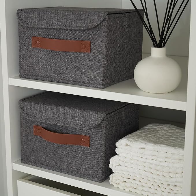 Decorative Linen Storage Boxes with Lids - Spacious Set of 2 Organizer Bins for Your Home Decor - The Perfect Small Container to Safely Store Photos, Documents and Memory Box Keepsakes in Style