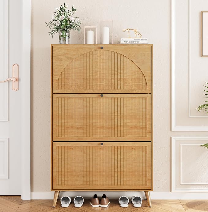 Fsbecl Shoe Storage Cabinet for Entryway with 3 Fluted Flip Drawers, Oak | Narrow Design, Freestanding Shoe Rack with Adjustment Shelves, Wooden Hidden Organizer for Hallway Foyer, 18-24 Pairs