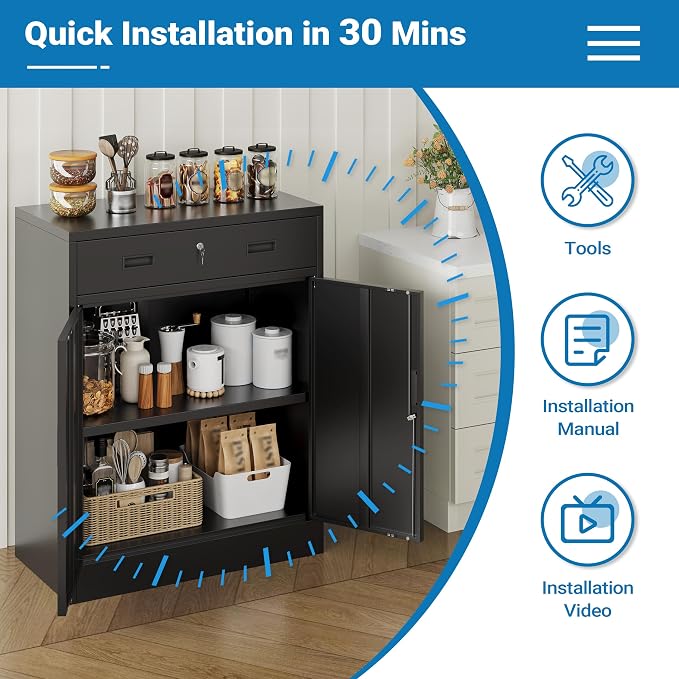 Metal Storage Cabinet, 36" Locking Cabinet with Adjustable Shelves for Garage, Office (Black, 1 Drawer)