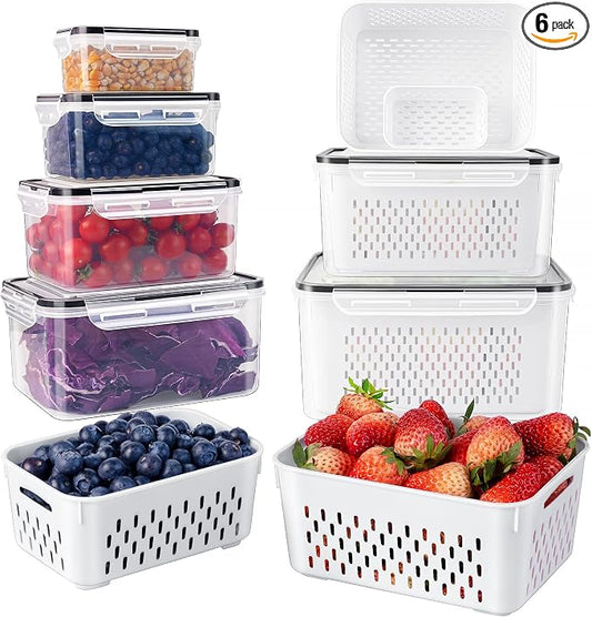 Freshmage Fruit Storage Containers for Fridge with Removable Colander 6 pcs | Airtight Food Storage Container Dishwasher Safe Produce Saver for Refrigerator Keep Berry Fruit Fresh Longer Large Clear