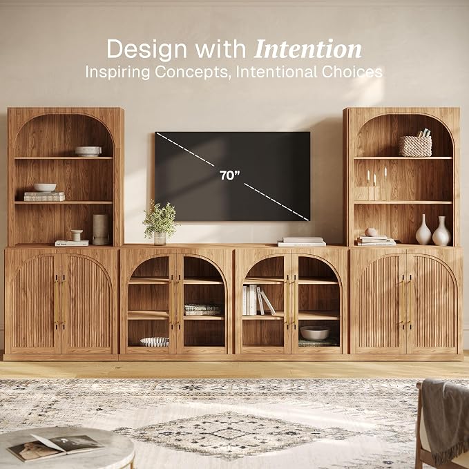 BELLEZE 6-Piece Modular TV Stand Set - 2 Arched Glass Cabinets, 2 Double-Arc Wood Door Bases, and 2 Hutch Units, Classic Modern Entertainment Center with Adjustable Shelves for Living Room(Camel)