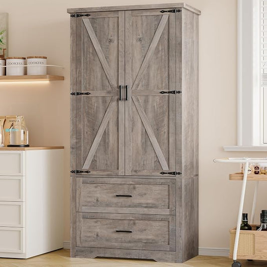 BORNOON Pantry Organizers and Storage Cabinet, 71” Barn Door White Kitchen Cabinet with Drawers and Adjustable Shelf, Tall Pantry for Kitchen, Dining Room, Living Room. Bathroom and Office