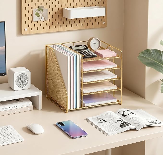 OPNICE 5-Tier Desktop File Paper Organizer, Desk Organizers and Accessories, Office Desk Accessories & Workspace Organizers for Home Office Supplies, Gold