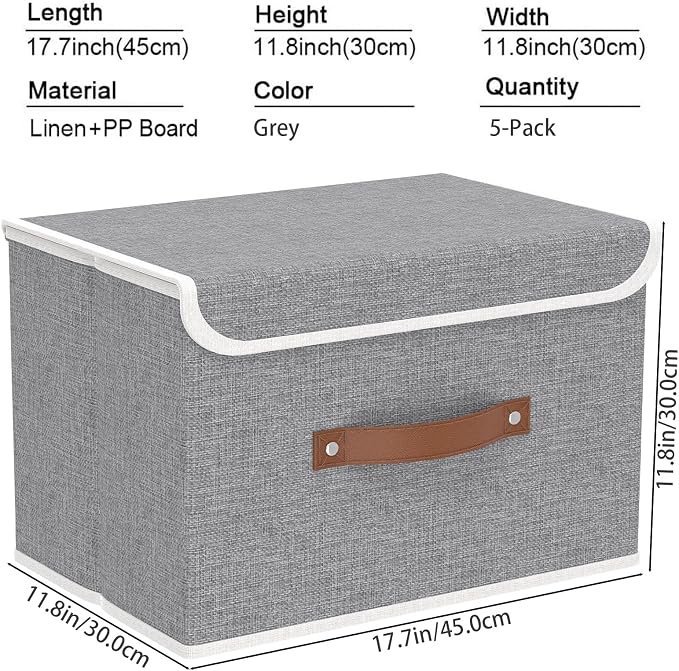 Yawinhe Storage Bins with Lids,Grey,17.7x11.8x11.8in,5-Pack | Fabric Container with Leather Handle,Washable Home Basket, Clothes Blanket Storage Boxes,Collapsible Closet Organizer