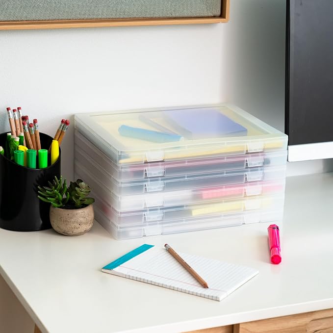 IRIS USA File Box |Made in USA| Fits 8.5"x11" A4 Paper, (6-Pack) - Clear | Organizing Study Cases with Built-In Handle & Snap-Tight Lids, Containers for Puzzles, Scrapbooking, Craft & Art Supplies
