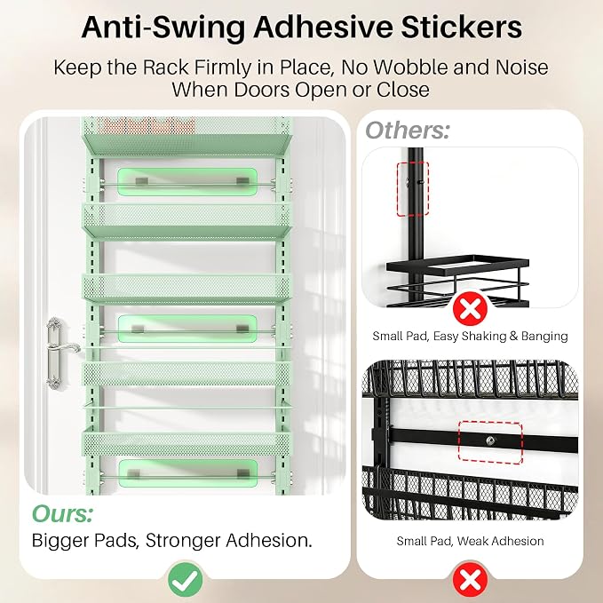 SNTD 8 Tiers Over the Door Organizer - Height Adjustable Pantry Organizers and Storage with Dense Mesh Baskets, Anti-Swing Hanging Door Spice Rack for Kitchen Bathroom (Green, 17" W x 6" D x 69" H)