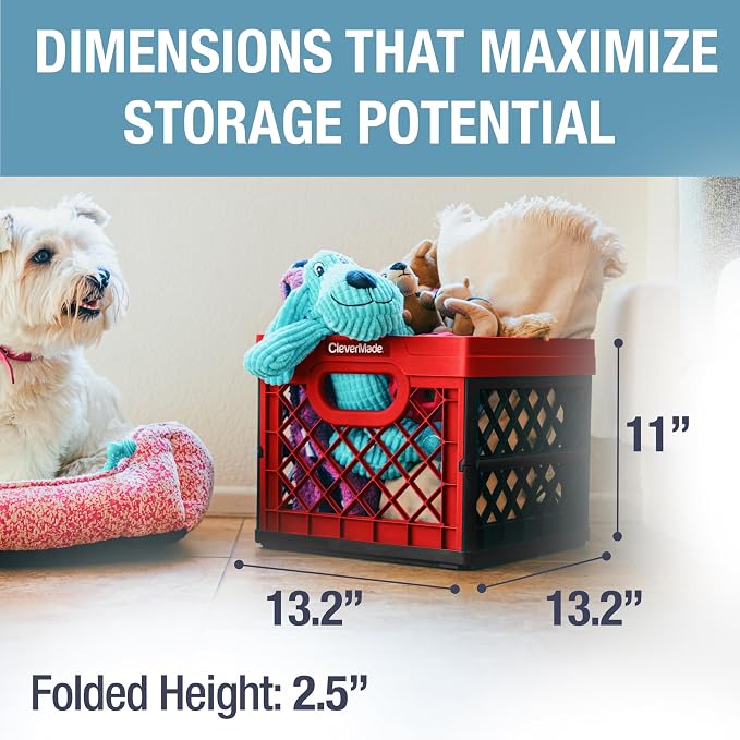 CleverMade Collapsible Milk Crate, 25L, 50 lb, Red | Built-in rails hold letter-size hanging files. Interlocking crates stack open or folded and carry up to 50 lb each.