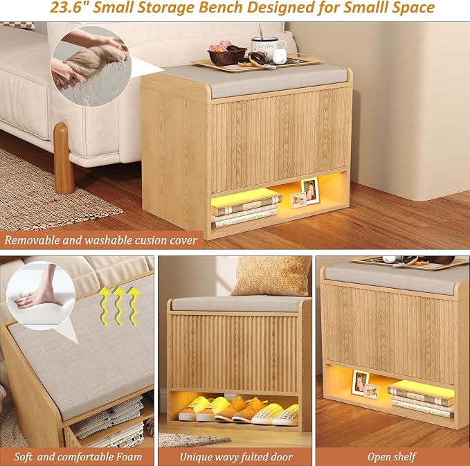 HOMEFORT 23.6" Fluted Shoe Storage Bench, Small Entryway Bench with Linen Seat Cushion, Shoe Cabinet Bench with Adjustable Shelf and Built-in LED Sensor Light, Bench for Bedroom End of Bed,Natural Oak