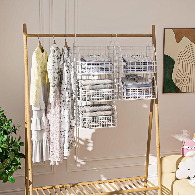 PUPPYCUTE Hanging Closet Organizer and Storage, Clothes Hanging Shelves Wire Baskets for Clothing Sweaters Purse Handbags Shoes White 5 Tier