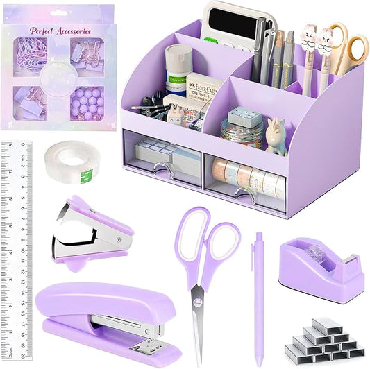 COMFYROOM Desk Accessories with Pen Holder, Office Supplies Desk Organizers and Accessories, Tape Dispenser, Stapler, Staple Remover, Staples, Clips Set, Ruler, Scissor, Pen, Tape (Purple)