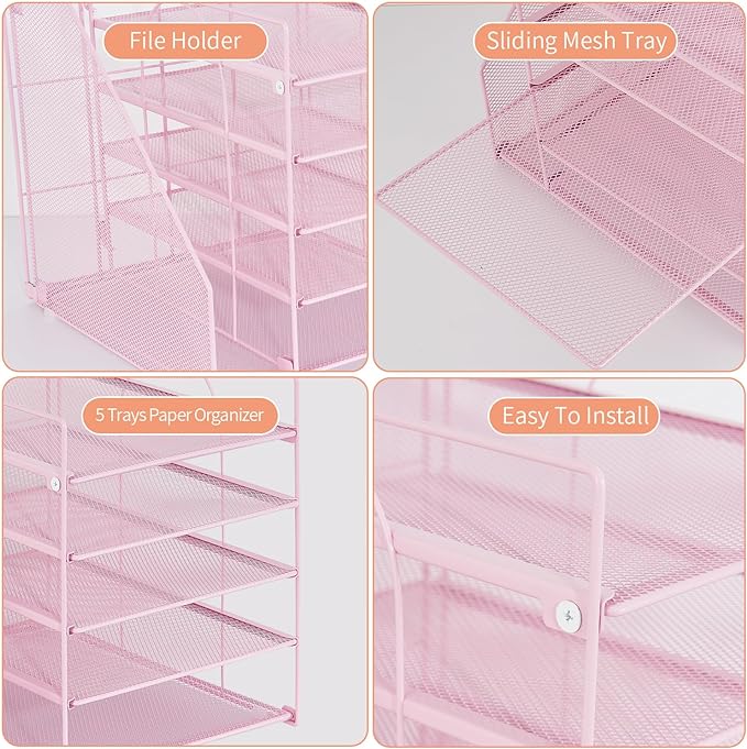 LEKETREE Desk Organizers and Accessories, 5-Tier Paper Letter Tray Organizer with File Holder, Desktop Organizer for Office Supplies (Pink)