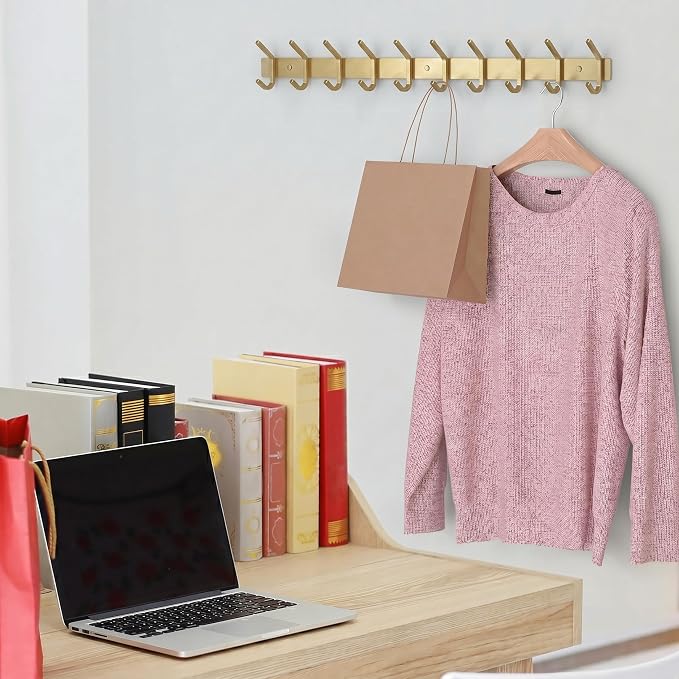 Brushed Gold Wall Mounted Coat Rack – 30 Inch Stainless Steel Rail with 10 Double Coat Hooks for Entryway, Bathroom, Bedroom, Kitchen – Modern Gold Hook Rack for Coats, Hats, Towels