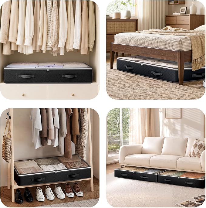 Budding Joy 90L Under Bed Storage, 4 Pack Closet Organizers Black | Foldable underbed storage bins for linen sheets, blanket, clothing, comforter, sweaters, pillows, wrapping paper