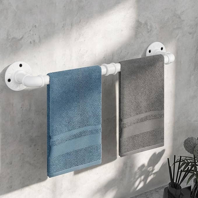 Industrial Pipe Towel Rack Towel Bar, Heavy Duty Wall Mounted Rustic Farmhouse Bath Towel Holder for Bathroom (White, 18 inch)