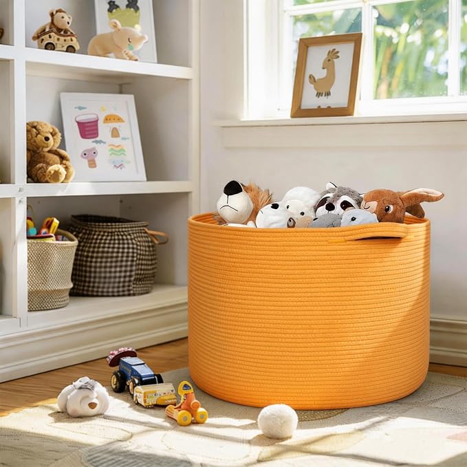 Extra Large 115L Orange Basket, 23.6"x15.7" Woven Cotton Rope Bins for Blankets, XXXL Baby Nursery Laundry Towel Basket, Oversized Kids Dog Toy Storage Box, Orange Living Room Decor Organizer
