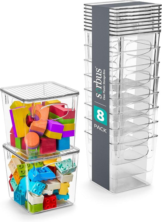 Sorbus Small Clear Plastic Storage Bins With Lids - Stackable Organizers for Toys, Clothes, Medicine, Makeup, Closet, Art Supply, Bathroom, Shoes (8 Pack)