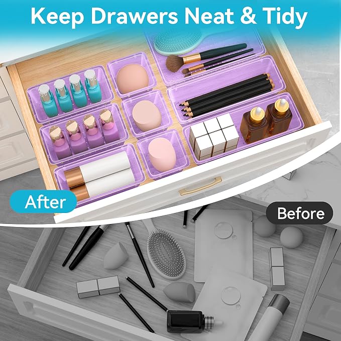 12 PCS Drawer Organizer Set, Makeup Organizers, Tool Storage Trays, Pueple | 4 Sizes, Plastic, Stackable, Multiple Gadgets, Desk Drawer Divider Organizers, for Makeup, Office Supplies Storage