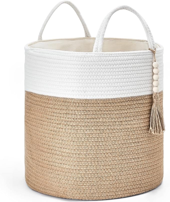 Mkono Woven Storage Basket Decorative Rope Basket Wooden Bead Decoration for Blankets,Toys,Clothes,Shoes,Plant Organizer Bin with Handles Living Room Home Decor, 15"Wx17.7"L,White and Yellow | Cream White and Brown, Decorative Basket with Handle, Wood ...