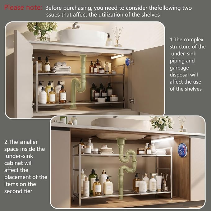 Under-Sink Organizer 2-Tier Expandable Cabinet Storage (10 panels) | LED Motion-Sensing Auxiliary Lighting Dial Thermometer Stainless Steel Telescopic & Adjustable Rust-Resistant