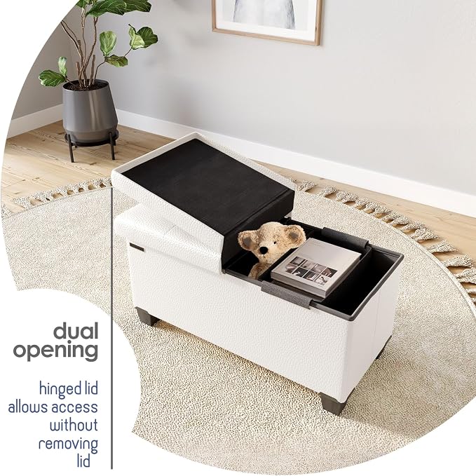 Storage Ottoman Bench with Bins, 30-in Storage Bench for Bedroom End of Bed, Folding Foot Rest Ottoman for Living Room Max 660lbs, Faux Leather Ottomans, Cream