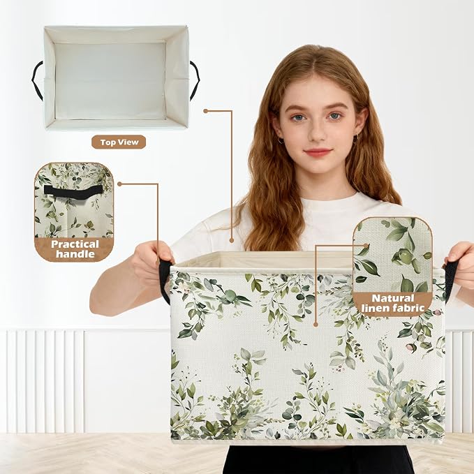 Watercolor Green Botanical Storage Box Bins, Rustic Cottagecore Flower Botanical Collapsible Storage Basket Organizer for Bedroom Laundry Room Home Clothes Books, Decor for Room