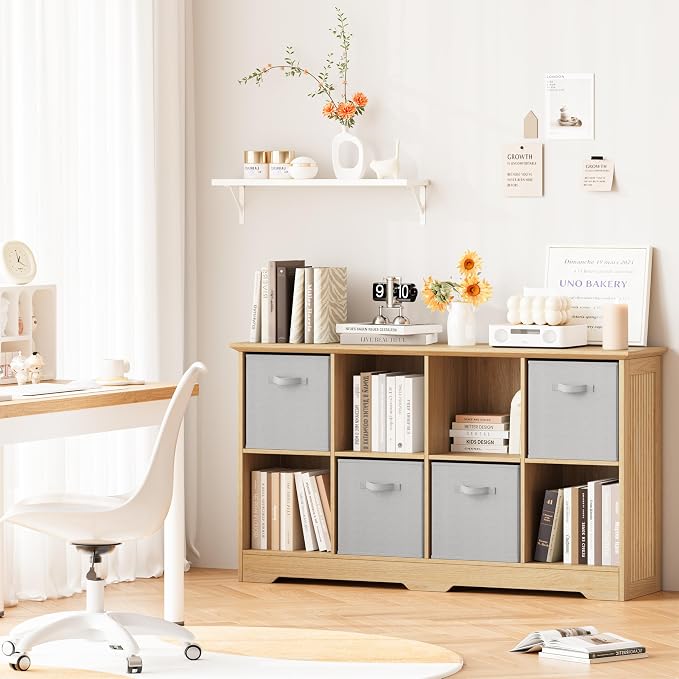 8 Cube Storage Organizer Shelf, Wood Cubby Storage with 4 Fabric Drawers | 2 Tier Wooden Bookshelf with 2 Adjustable Shelves, Fluted Side Panels Bookcase for Living Room, Home Office, Wood