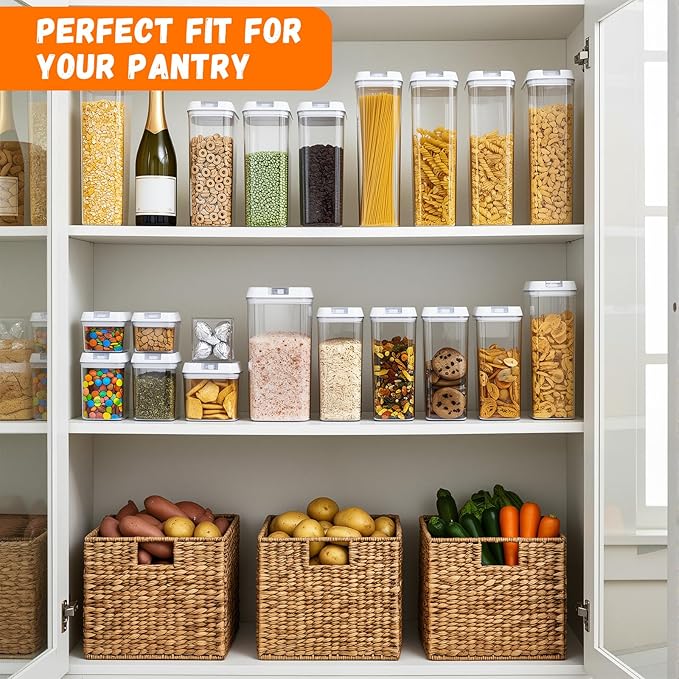 Clear Airtight Food Storage Containers, 7-Piece Set | BPA-free plastic kitchen pantry organization canisters. Stackable design ideal for cereal, spaghetti, and pasta storage.