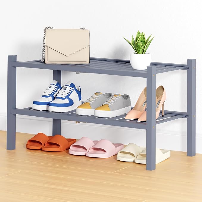 Smiry Bamboo Shoe Rack, 14 Vertical Slats, 2 Tier - 26.8" Wide, Grey | Stackable Free Standing Wooden Shoe Organizer, Wood Shoe Storage Shelf for Closet, Entryway, Thicher Leg