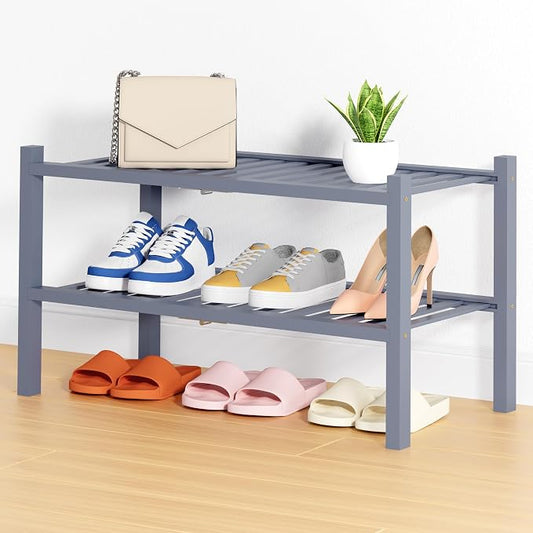 Smiry Bamboo Shoe Rack, 14 Vertical Slats, 2 Tier - 26.8" Wide, Grey | Stackable Free Standing Wooden Shoe Organizer, Wood Shoe Storage Shelf for Closet, Entryway, Thicher Leg