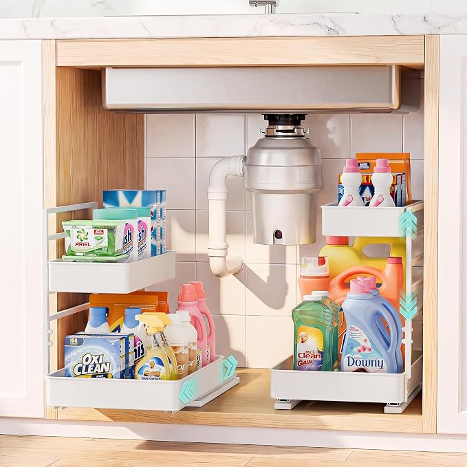 EVERIE Height Adjustable 2 Tier Metal Pull Out Slide Shelf Organizer for Framed or Frameless Under Sink Cabinets in Kitchen, Bathroom, with Snap-on Top Tray (White, 2 Sets)