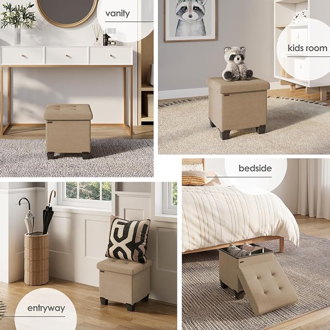 Storage Ottoman Cube with Small Bin, 15-in Square Ottoman with Storage for Living Room and Bedroom, Small Ottomans Foot Rest, Fabric Foot Stools Ottomans Max 330lbs, Taupe