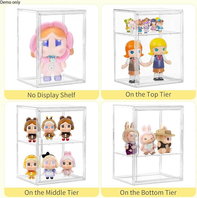 LXLXXL 2 Tier Stackable Shelf Acrylic Display Case with Magnetic Lid 4-Pack | Clear Acrylic Box with Magnetic Door and Removable Shelf, for Makeup, Figures, Purse Storage, Dustproof Display Organizer
