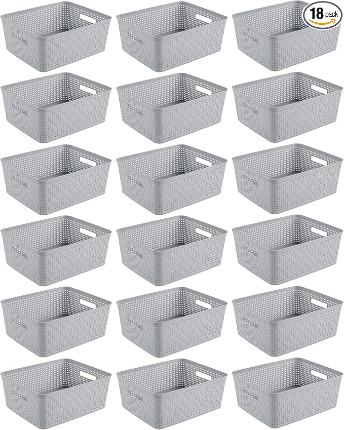 Sterilite 18 Pack Plastic Storage Bin Organization Containers, Short Baskets, Cement