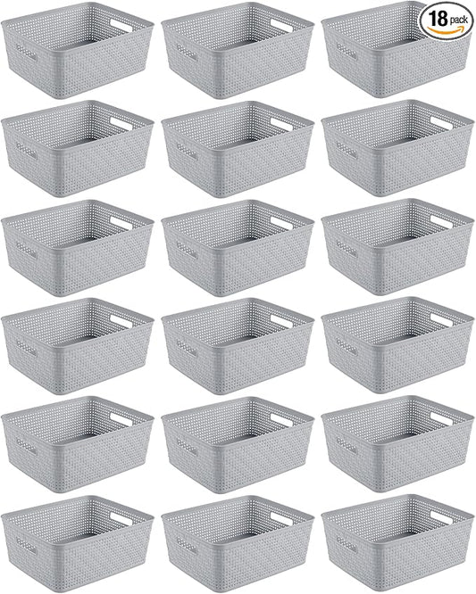 Sterilite 18 Pack Plastic Storage Bin Organization Containers, Short Baskets, Cement