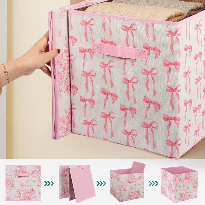 6 Pcs Pink Bow Cube Storage Bins 12.5 Inch Pink Storage Basket with Handle, Preppy Girls Organizer Basket, Collapsible Fabric Box for Classroom Bedrooms Office Home Decoration (Bow)