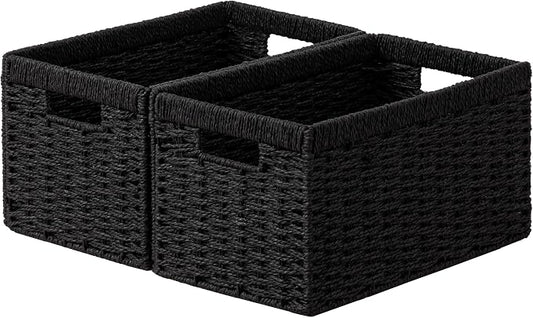 joybest Black Wicker Baskets for Shelves, Hand-woven Storage Baskets | 13.4L x 8.3W x 7.1H inch for Pantry, Kichen Organizing, Foldable Rectangular Bin with Handles, 2-pack