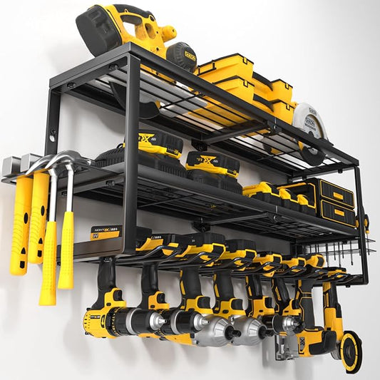 YYR Heavy Duty Power Tool Organizer Wall Mount, Cordless Drill Hanger Storage Rack, Battery Tools Holder with Charging Station Shelf for Garage Organization, Workshop, Pegboard, Shed - 32 Inch 8 Slots