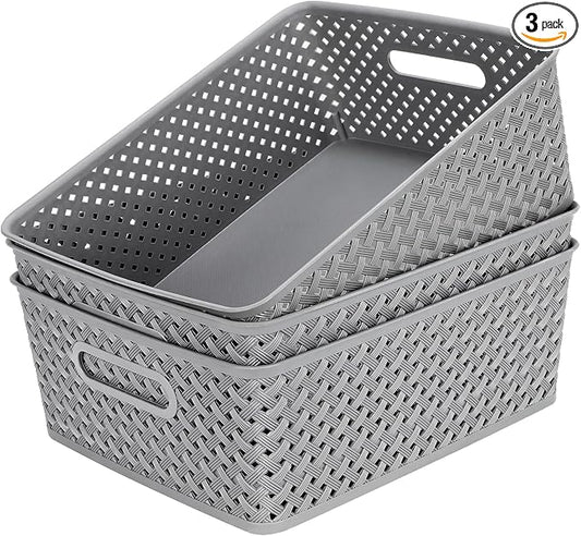 MaxGear 3 Pack Plastic Storage Baskets, Large, Grey | Durable Woven Plastic with Built-In Handles, Suitable for Shelves, Closets, Cabinets, Bathrooms and Offices