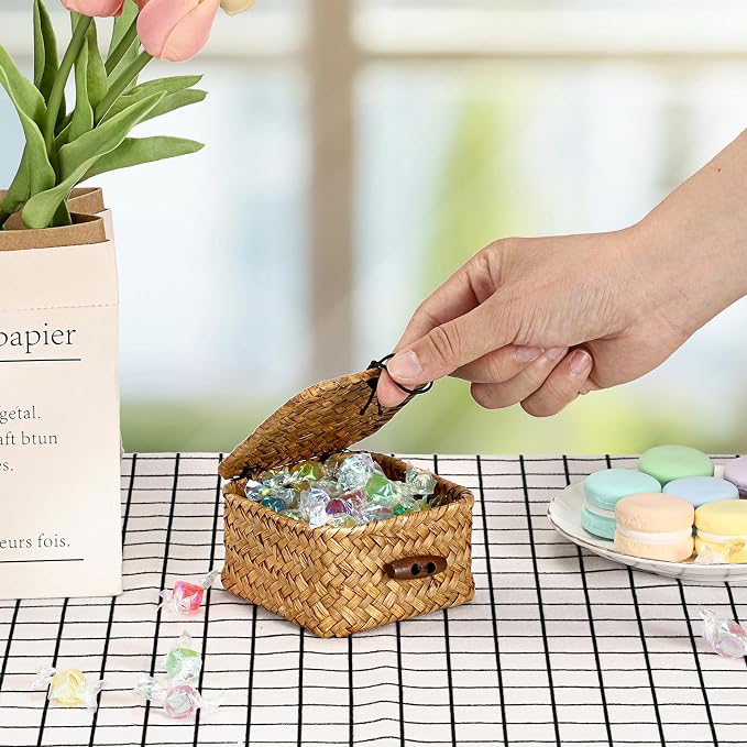 Hipiwe Handwoven Wicker Basket Box with Lid Small Seagrass Desk Organizer | Multipurpose Baskets Organizer for Remote Control Key, Rectangular Basket Box for Home Decor, Caramel 3.5" x 3.5" x 2"