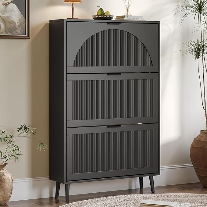 BORNOON Shoe Cabinet for Entryway with 3 Flip Drawers, Slim Wooden Shoe Storage Organizer with Modern Fluted Pannel，Freestanding Narrow Hidden Shoe Rack for Hallway, Foyer, Living Room