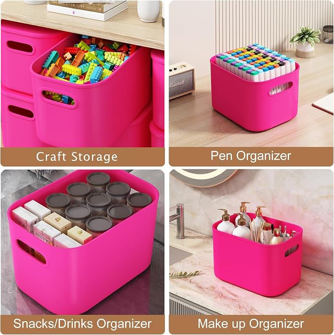ORGIDOL 6 Pack Pink Storage Bins with Lids Stackable Storage Container for Organizing, Storage Boxes with Handle for Shelves, Cute Storage Bin for Craft, Snacks, 9.85x6.9x5.7 inch