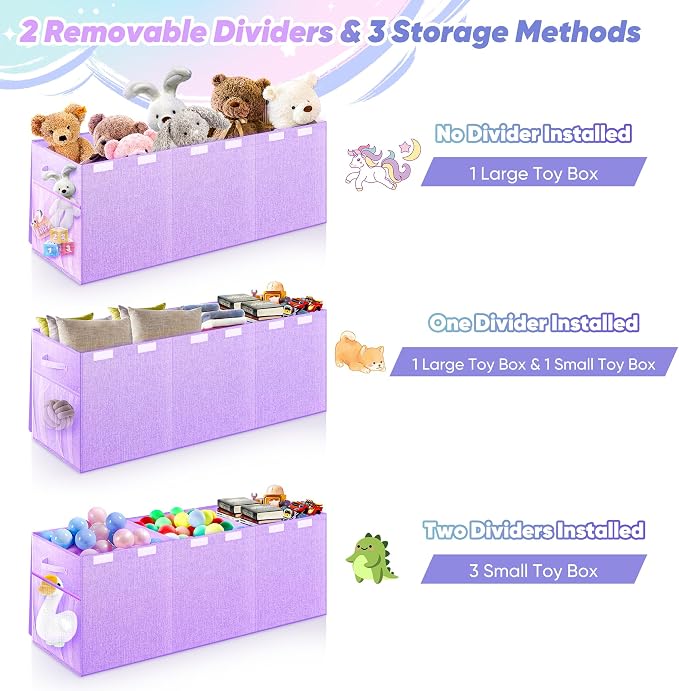 Extra Large Toy Box, Collapsible Toy Storage Organizer, 40"x16"x16", Purple | Sturdy Kids Toys Bin Chest with 2 Pockets and Dividers for Boys Girls, Dust-Proof, Nursery Bedroom Organization